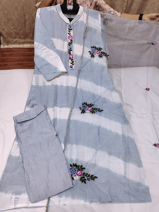 Musleen Silk Lahariya Pattern Dye Kurti with Embroidery Matching Silk Pant and Dupatta@Amazing Rate uploaded by Ruchika Synthetics on 1/30/2023