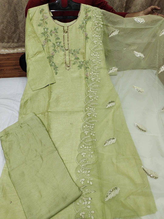 Pure Dolla Silk Kurti with Heavy Zardosi Handwork with Matching Silk Pant and Organza Dupatta  uploaded by Ruchika Synthetics on 1/30/2023