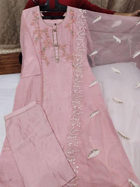 Pure Dolla Silk Kurti with Heavy Zardosi Handwork with Matching Silk Pant and Organza Dupatta  uploaded by Ruchika Synthetics on 6/2/2024