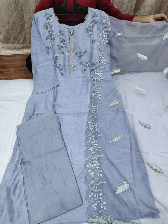 Pure Dolla Silk Kurti with Heavy Zardosi Handwork with Matching Silk Pant and Organza Dupatta  uploaded by Ruchika Synthetics on 1/30/2023