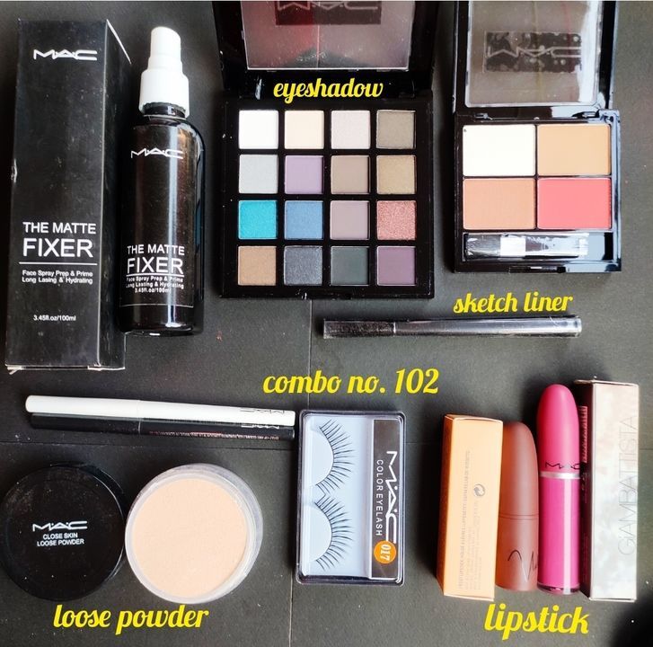 Post image All MAC 
Makeup fixer
Eyeshadow
4 in 1 highlighter
Sketch liner
White and Black Kajal
Loose powder
Eyelashes pair
Liquid Matte lipstick
Cake Matte lipstick

In a plastic box
Including shipping
₹800/-
