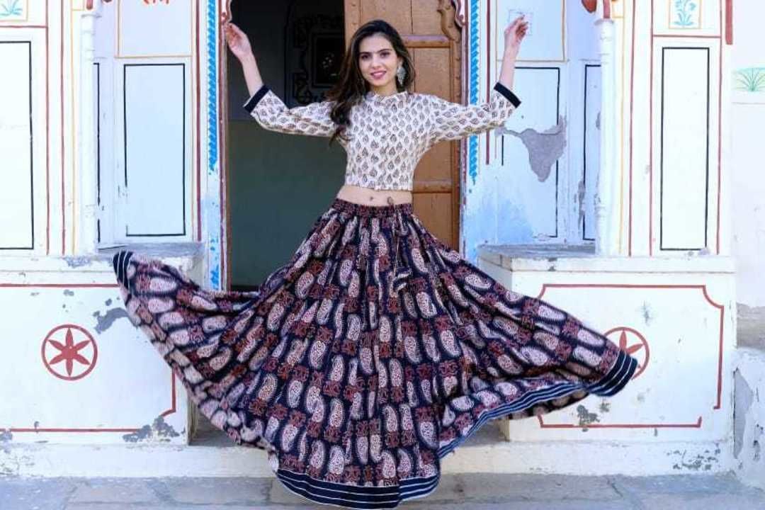 Post image New collection of Bagru printed cotton with dabu..designer print crop-top &amp; skirt with mulmul duptta available...

Sizes: 38-46
Skirt length 40 inch
Skirt circle 5 to 5.5 mtr.
Top length 16 inch
Dupptta size 2.5 mtr..

Price:1800+$ shipping
More updates and all information please contact me whatsapp 9950448001