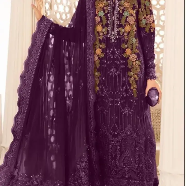 Georgette designer embroidered suits 
Neck hand work 

Bottom silk

Dupptta embroidered 

Fully stit uploaded by Thepehnawabymegha on 2/6/2023