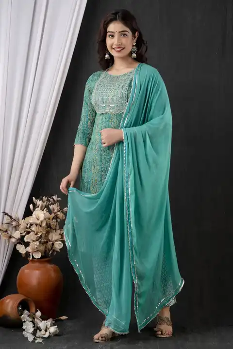 *BEAUTIFUL RAYON HAND WORK KURTI WITH PANT AND DUPATTA*

 SIZE M TO XXL 
 uploaded by Saturn Fort Wears on 2/6/2023