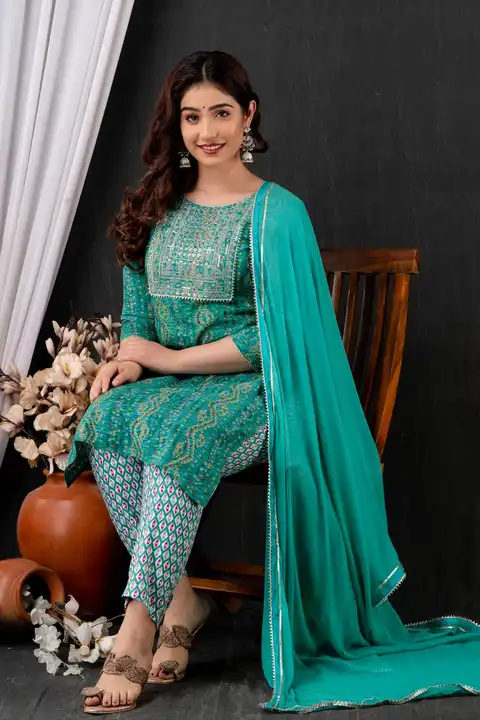 *BEAUTIFUL RAYON HAND WORK KURTI WITH PANT AND DUPATTA*

 SIZE M TO XXL 
 uploaded by Saturn Fort Wears on 2/6/2023