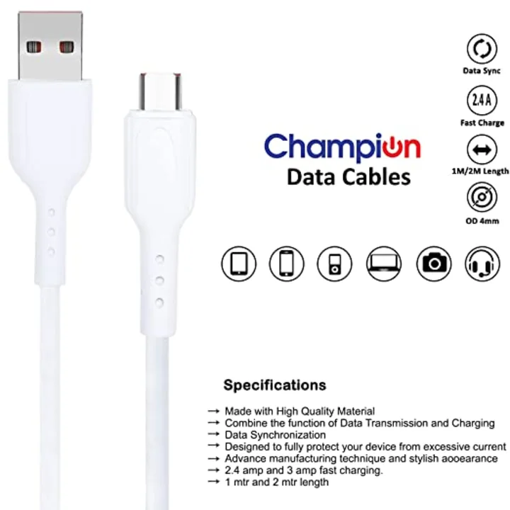 Champion Type C PVC  Fast Charging Type-C Data Sync Cable | Type C to USB-A Cable (2.4 Amp, 1 Meter/ uploaded by SKN Tvfkart™ Private Limited on 2/6/2023