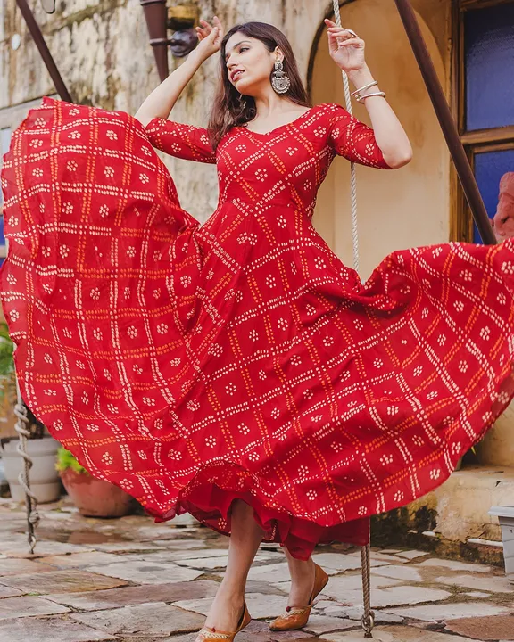 RED BANDHEJ ANARKALI MRP  RAYON Fabric Kurtis
 uploaded by Gulabinagri cloth creations on 2/7/2023