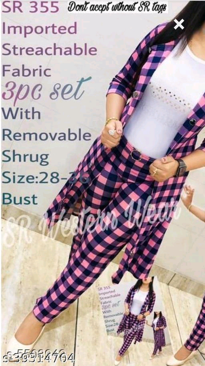 Post image Urbane Fashionable Women Dresses
Name: Urbane Fashionable Women Dresses
Fabric: Lycra
Sleeve Length: Three-Quarter Sleeves
Pattern: Checked
Net Quantity (N): 4
Sizes:
S (Bust Size: 30 in) 
M (Bust Size: 32 in) 
L (Bust Size: 34 in) 
XL (Bust Size: 36 in) 

Imported stretchable fabric 3 pc dress Pant top and shrug.
Country of Origin: India.                                                    Price 650