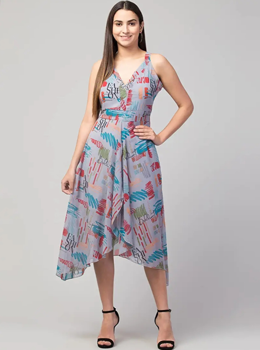 Women Printed Sleeveless Georgette Front Slit Knee Length Dress￼￼￼￼￼￼￼ uploaded by Fashion Plazza on 2/7/2023