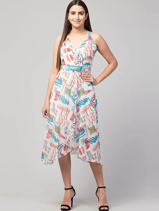 Product image of Women Printed Sleeveless Georgette Front Slit Knee Length Dress￼￼￼￼￼￼￼, price: Rs. 345, ID: women-printed-sleeveless-georgette-front-slit-knee-length-dress-9b75fa9f