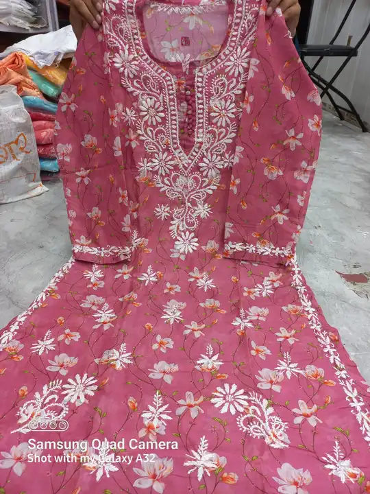Printed chanderi silk Lucknowi chikan work hand embroidery  kurti 
Size :- 38 to 44"(chest)
Length : uploaded by Aanvi fab on 2/8/2023