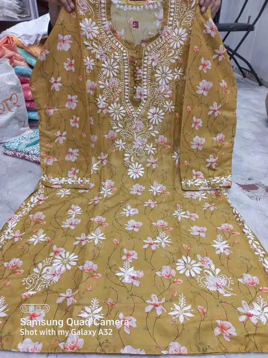 Printed chanderi silk Lucknowi chikan work hand embroidery  kurti 
Size :- 38 to 44"(chest)
Length : uploaded by Aanvi fab on 2/8/2023