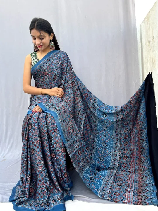 Modal fabric saree ajrkh natural dying hand block print  uploaded by Akhtar BANDHANI Bhuj on 2/8/2023