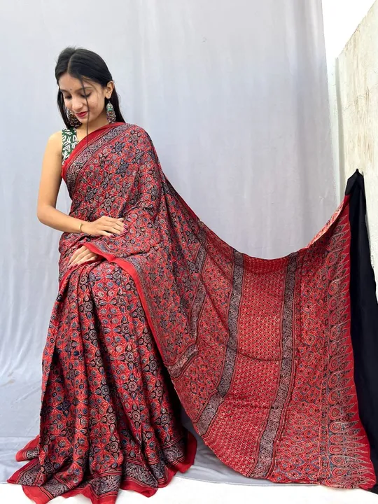 Modal fabric saree ajrkh natural dying hand block print  uploaded by Akhtar BANDHANI Bhuj on 2/8/2023