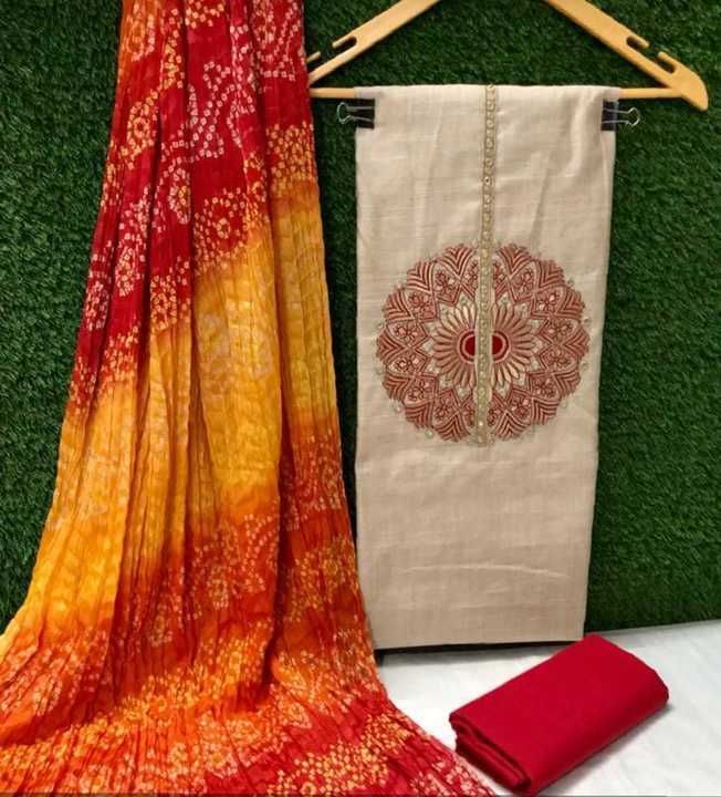 Post image Top- Chanderi Slub with Fancy  Embroidery &amp; Hand Mirar work.

Bottom-Cotton

Dupatta- Silk Bandhani with cruss.
Cut 
Top-2.50 mtr
Bottom-2 mtr
Dupatta-2.25 mtr Rs 850/- only shipping extra