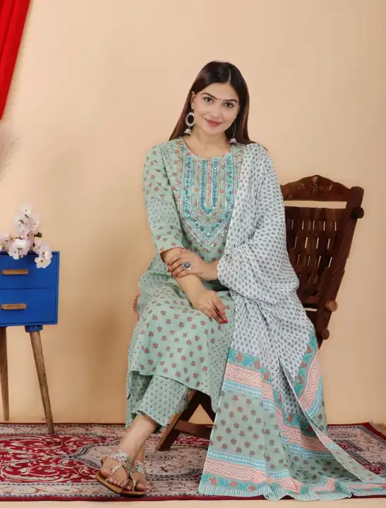 Green embroidered kurta pant dupatta set for Women  uploaded by Touch of Trends on 2/10/2023