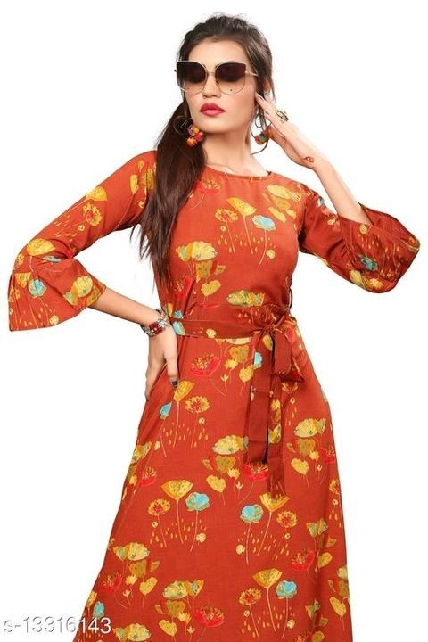 Post image Catalog Name:*Beautifull Women Dresses*
Fabric: Crepe
Sleeve Length: Three-Quarter Sleeves
Pattern: Printed
Multipack: 1
Sizes:
S (Bust Size: 36 in, Length Size: 56 in) 
XL (Bust Size: 42 in, Length Size: 56 in) 
L (Bust Size: 40 in, Length Size: 56 in) 
XXL (Bust Size: 44 in, Length Size: 56 in) 
M (Bust Size: 38 in, Length Size: 56 in)