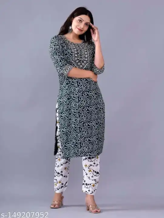 Women's Rayon Straight Bandhani Kurti with Embroidery along with pant uploaded by Shree Shyam Fashion on 2/11/2023