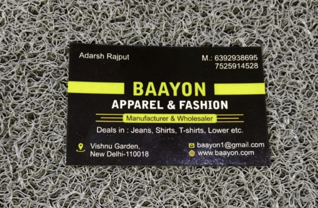 Visiting card store images of Jeans manufacturer Adarsh Baayon Enterprises 