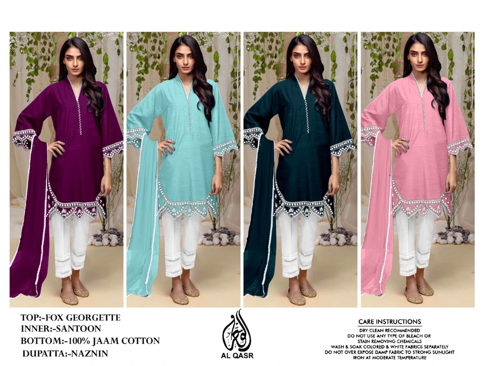 Post image ‼️ *AL QASR*‼️ 
‼️  *( D.NO. 1201)* ‼️ 

💞With *Supirier Quality* and *Affordable Price*
➖➖➖➖➖
by *AL QASR*
➖➖➖➖➖➖
🔴 *Description* 🔴
〰〰〰〰〰〰〰
 *Designer Embroidered Tunic with Sleeves* paired with *Designer Cigarette pants*With 
 *Embroidery work with Moti work*

🔴 *Details*🔴
〰〰〰〰〰〰〰
✨ *Top*:- *Pure Georgette Fabric*
✨ *Bottom* :- *100% Jaam Cotton  Fabrics*
✨ *Duptta* :- *Naznin 4 side GPO lace*
✨ *Inner*- *Santoon*

✨ *4 Colour* *Attractive Colours*
  

    
       ‼️ *Size Chart*‼️
✨ *Top xl size chest* (42)
✨ *Bottom xl size* (38)


✨ *Rate*- *1250*
Free shipping 
  
🌹 *Book Fast Limited Stock* 🌹
             
✨ *DISPATCH :- READY*✨