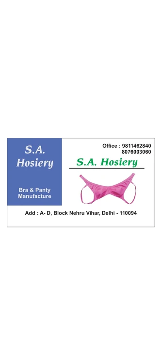 Visiting card store images of S A Hosiery