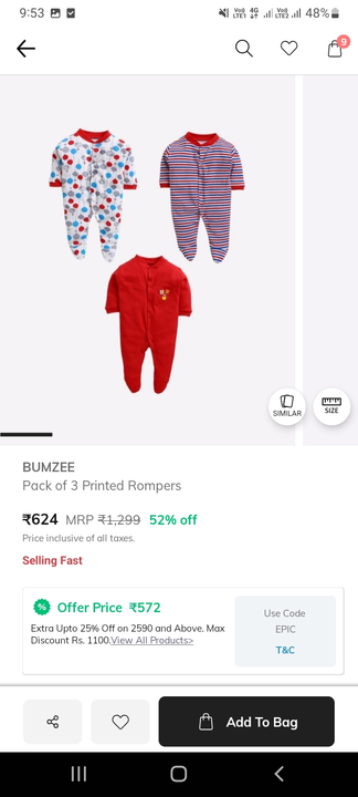 Post image I want 5 pieces of Kids apparal at a total order value of 500. I am looking for Rompers. Please send me price if you have this available.