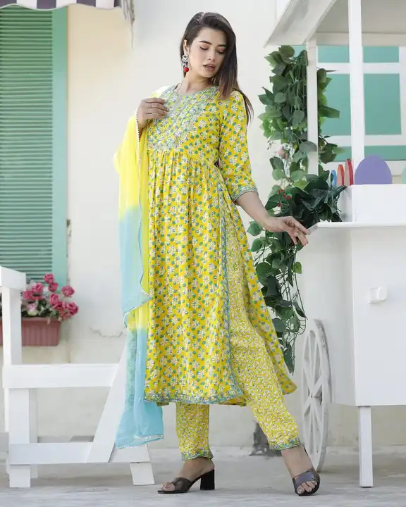 Trendy Naira Cut Kurti with Pant and Dupatta Set uploaded by Shree Dayal and Company on 2/13/2023