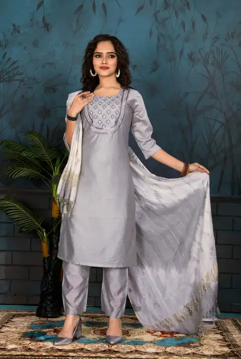 Colours Chanderi Silk embroidery designer kurta pent with dupatta set uploaded by Utsav Kurti House on 2/13/2023