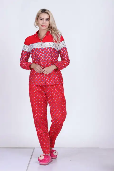 Ladies night wear fabric cotton linen satin long sleeve side pocket at pajama  uploaded by Wrong number  on 2/14/2023