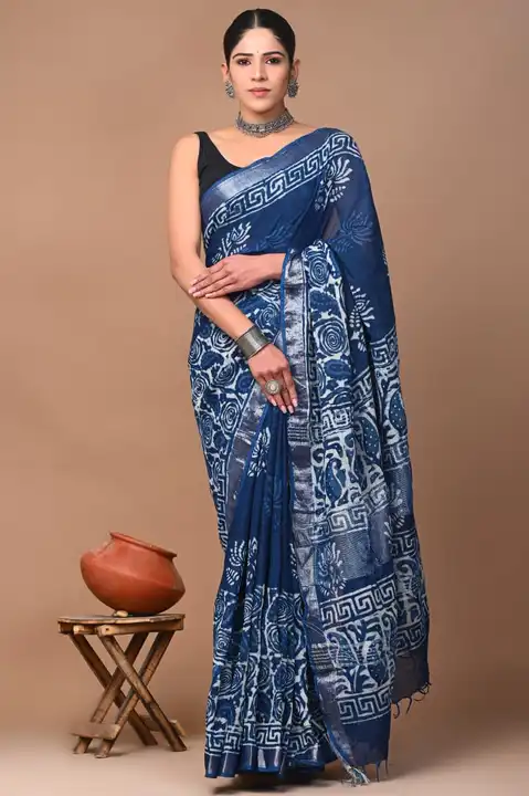 Cotton linen saree uploaded by Bagru Hand Block Print Jaipur on 2/15/2023