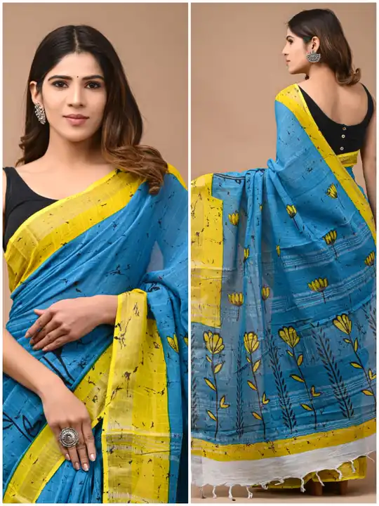 🥻New arrival🥻
 *Linen saree* 
Hand block print
All saree with same blouse 
Saree lenght  5.50
Blou uploaded by Saiba hand block on 2/15/2023