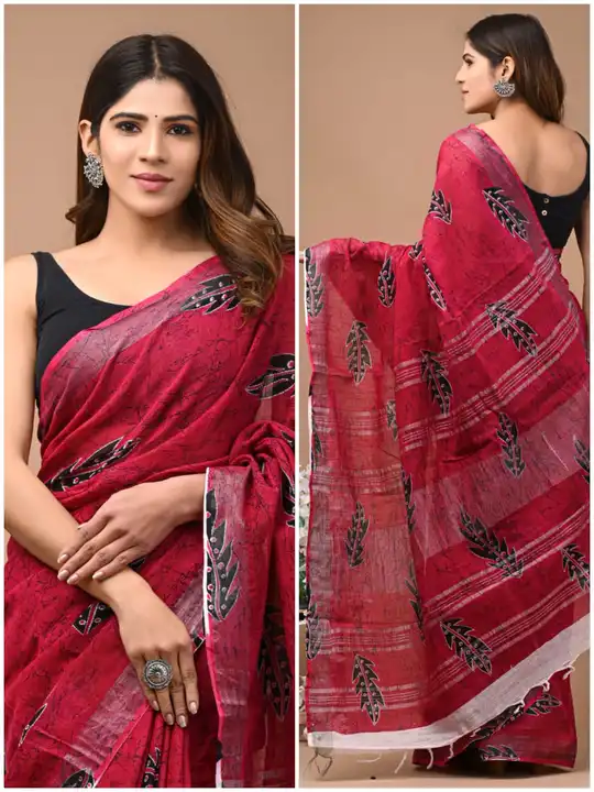 🥻New arrival🥻
 *Linen saree* 
Hand block print
All saree with same blouse 
Saree lenght  5.50
Blou uploaded by Saiba hand block on 2/15/2023