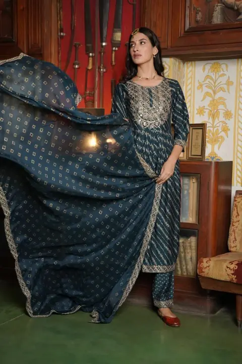Designer Rayon Slub Nayra Kali pattern Kurti with Pant and  Dupatta set uploaded by Shree Dayal and Company on 2/16/2023