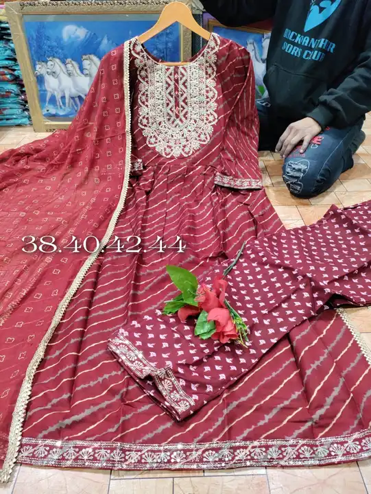 Designer Rayon Slub Nayra Kali pattern Kurti with Pant and  Dupatta set uploaded by Shree Dayal and Company on 2/16/2023