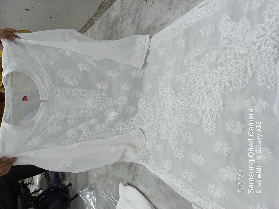Georgette lucknowi chikankari kurti with sharara and dupatta  uploaded by Wahid & sons chikan arts on 2/16/2023