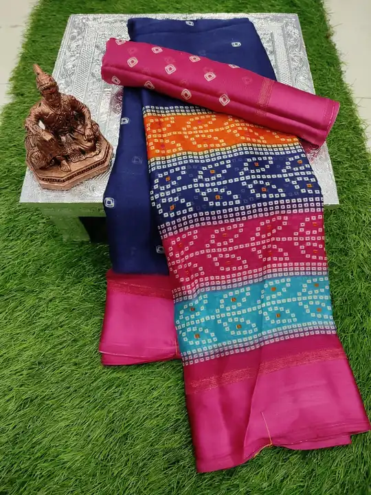 Soft faux moss chiffon saree with bandhej print all over saree and satin patta on border with perfec uploaded by Vishal trendz 1011 avadh textile market on 2/16/2023