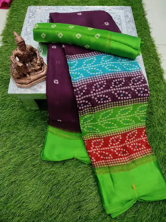Soft faux moss chiffon saree with bandhej print all over saree and satin patta on border with perfec uploaded by Vishal trendz 1011 avadh textile market on 2/16/2023