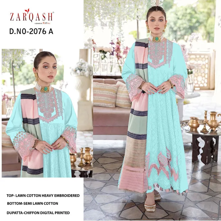 *ZARQASH ™️*
A brand by *KHAYYIRA SUITS®️*

*NEW LAUNCH*

*NOOR JAHAN Z-2076*

*TOP -* LAWN COTTON H uploaded by Aanvi fab on 5/30/2024