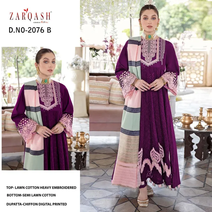 *ZARQASH ™️*
A brand by *KHAYYIRA SUITS®️*

*NEW LAUNCH*

*NOOR JAHAN Z-2076*

*TOP -* LAWN COTTON H uploaded by Aanvi fab on 2/16/2023