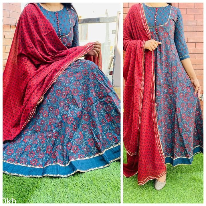 Post image *Dkh*

Premium *Silk* Anarkali gown with beautiful gotta detailing  &amp; *kalamkari * block print paired up with beautiful soft dupatta completing the look...

Length 54

*Sizes  38 40 42 44 *

*MRP   1850 Freeship*
Multiples ready