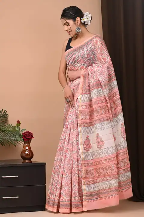 Chanderi silk sarees with blouse  uploaded by Ashoka bagru print on 2/17/2023