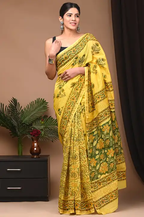Chanderi silk sarees with blouse  uploaded by Ashoka bagru print on 2/17/2023