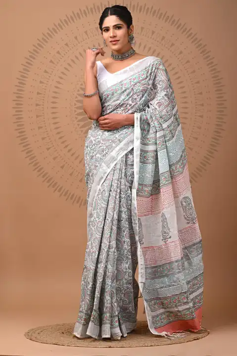 Cotton linen saree of bagru print  uploaded by Bagru Hand Block Print Jaipur on 2/17/2023
