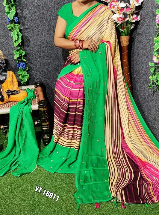 Beautiful mul mul Georgette saree with stripes print allover body  and mirror work on border and tus uploaded by Vishal trendz 1011 avadh textile market on 2/17/2023