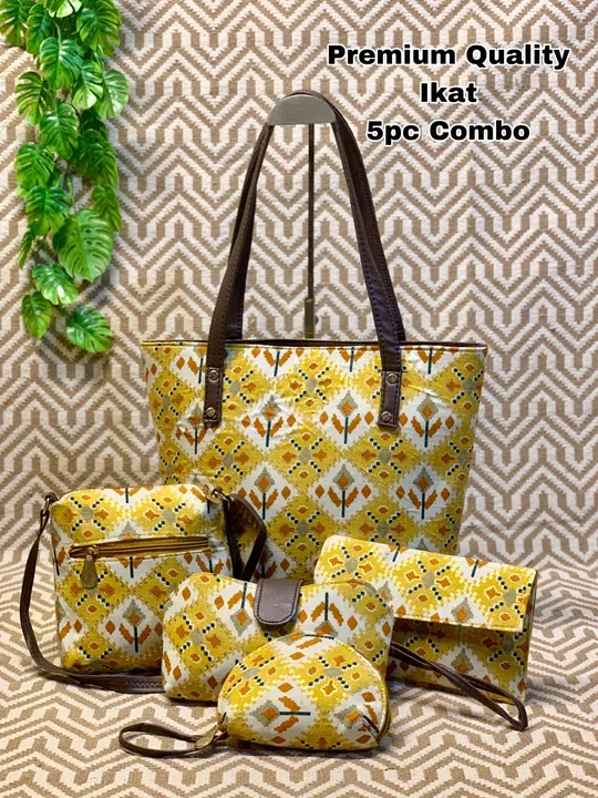 Post image *New Arrivals *
* Ikkat 5 Pieces Combo*

➢ 1pc Tote Bag + 1Pc Side Sling + 1Pc Hand Wallet + 1Pc Goggle Cover + 1 Pc Coin Pouch.
➢ Best For Office Use. 
➢ Double Main Compartment 
➢ Size about:-
➛Tote Bag- 13" x 11.5",
➛Side Sling- 6" × 7",
➛Hand Wallet- 8" x 5", 
➛Goggle Cover- 8" x 4.5",
➛Coin Pouch- 5" x 4".
➢ Good Quality 👍🏻
➢ Made In India 🇮🇳

*Price 600 + &amp;