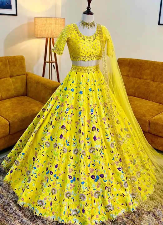 Lemon yellow colour Attractive Party wear silk  Lengha choli embroidered work  uploaded by Ashokawholesellarfashionstore on 2/18/2023