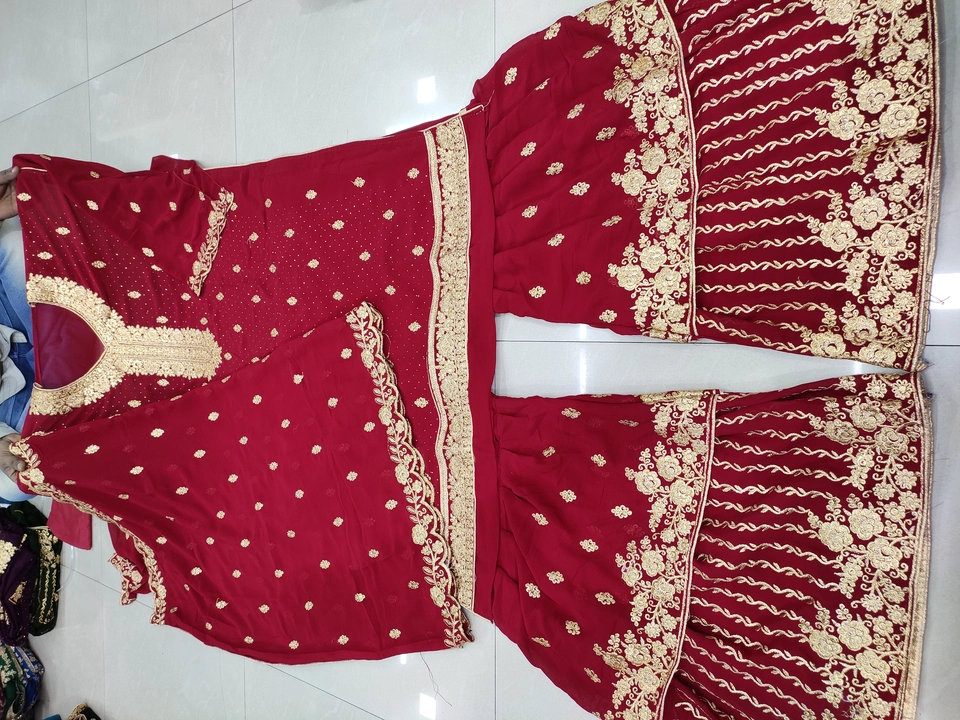Georgette to Georgette Heavy Top Slives Dupatta Gharara Sharara Work Suit uploaded by Suhani fashion on 2/18/2023