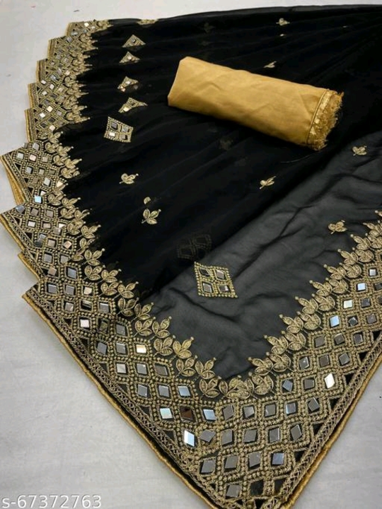 Durga Puja Georgette Mustard Mirror Work Saree with Blouse uploaded by wholsale market on 2/19/2023