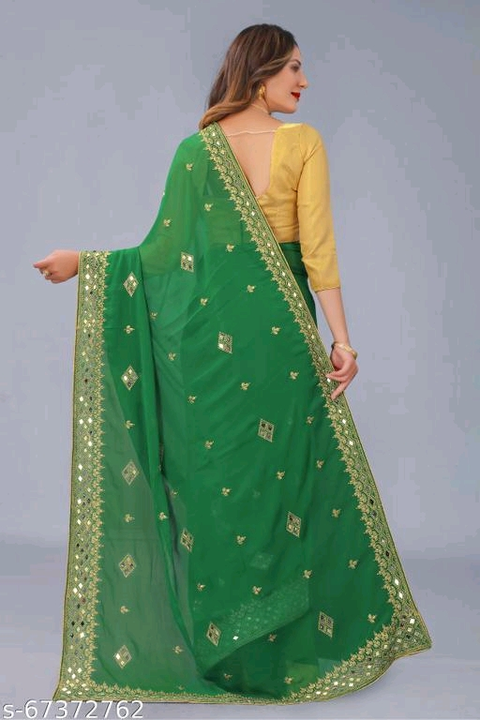 Durga Puja Georgette Mustard Mirror Work Saree with Blouse uploaded by wholsale market on 2/19/2023