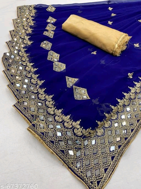 Durga Puja Georgette Mustard Mirror Work Saree with Blouse uploaded by wholsale market on 2/19/2023